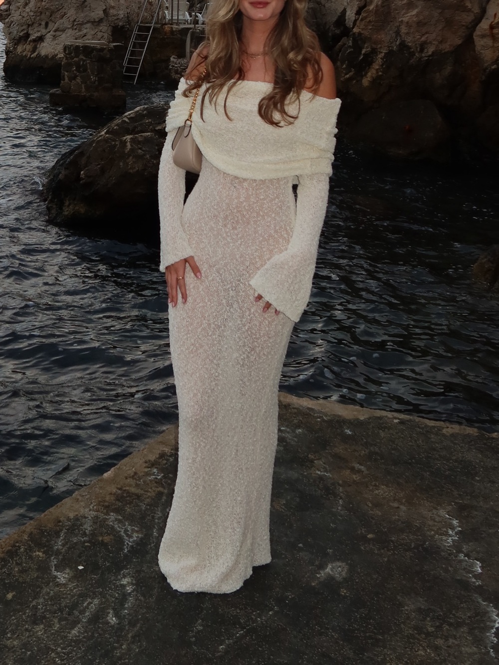 Meshki Cream Textured Off-Shoulder Maxi Dress